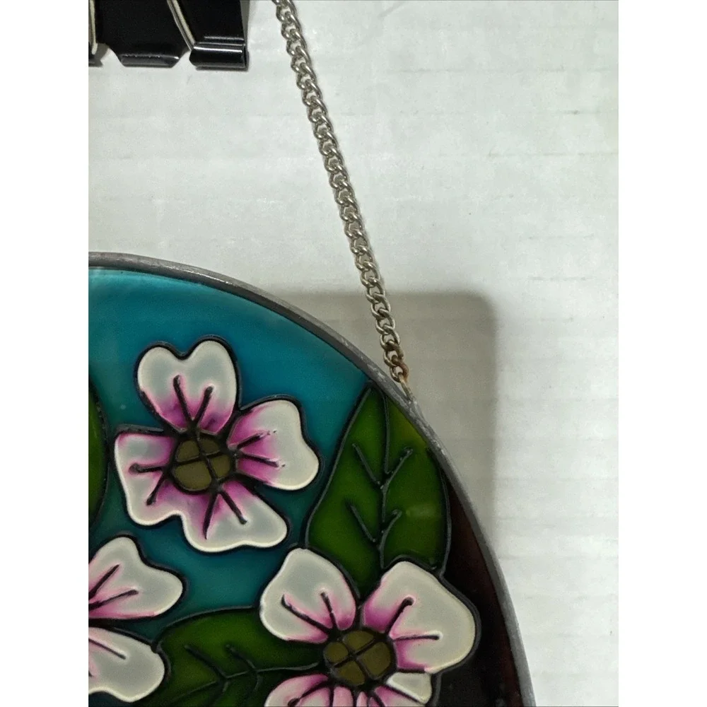 Red Cardinal Bird & White Flowers Small Oval Stained Glass Suncatcher 7.5x5.5